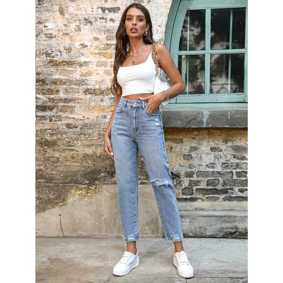 Ripped Frayed Hem Mom Jeans distressed denim straight leg high waisted light - Picture 4 of 7